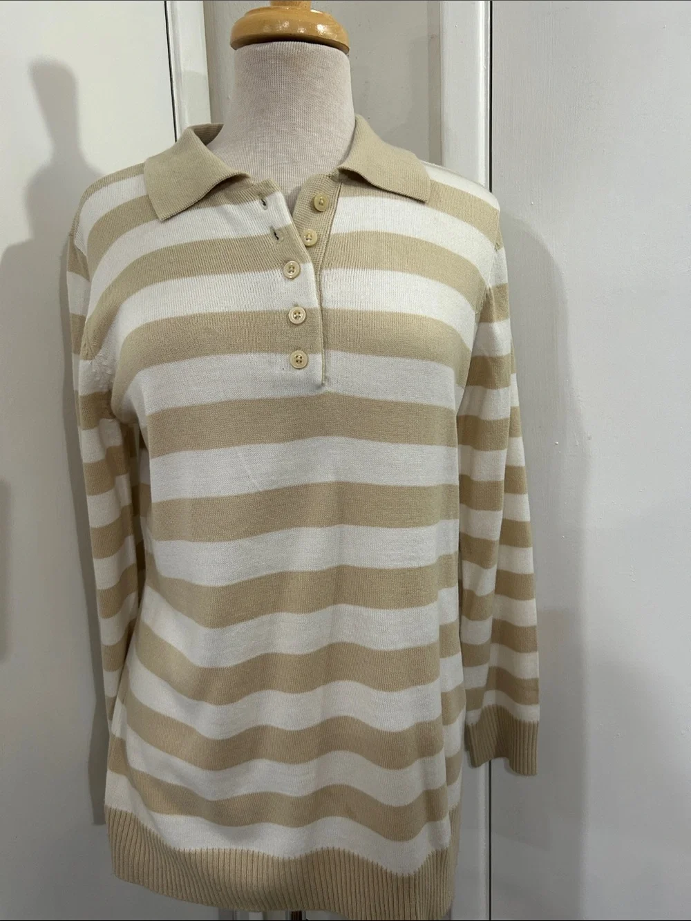 Covington Beige and White Striped Polo Knit Sweater